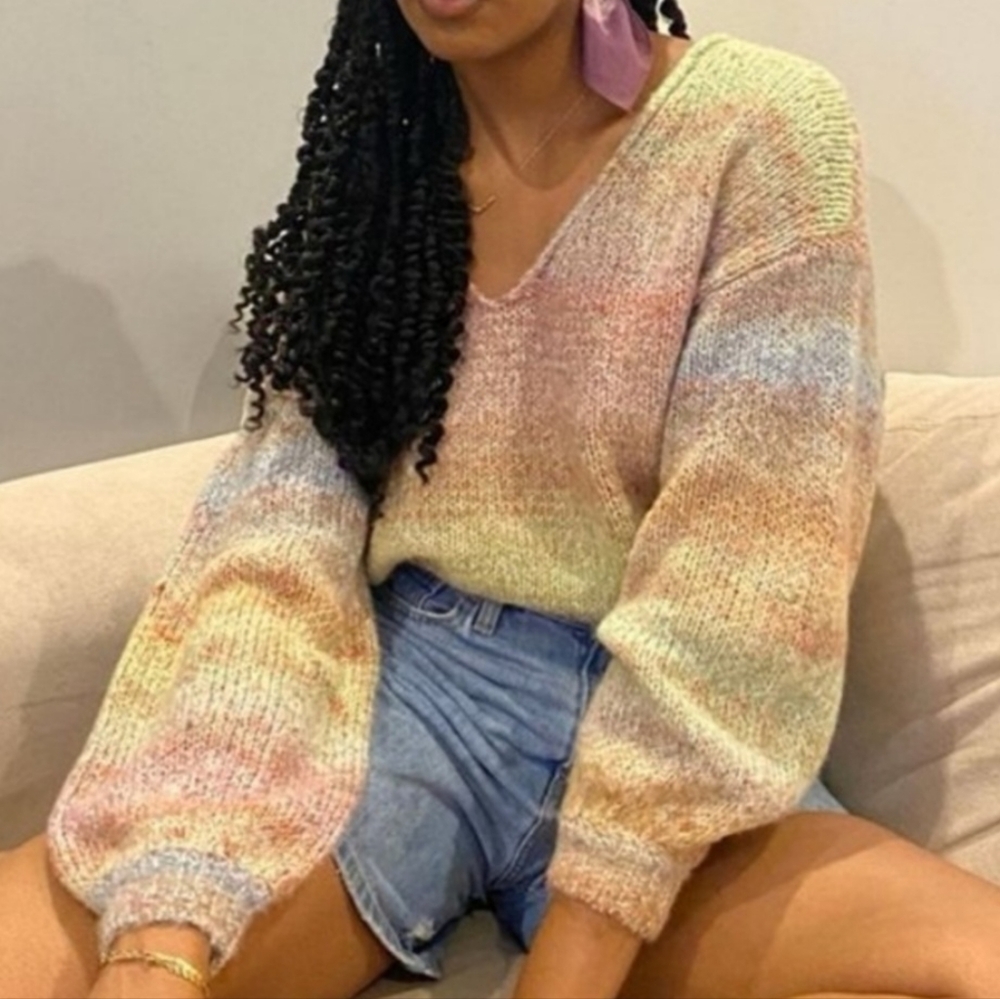 URBAN OUTFITTERS Rainbow Space Dye Knit Plunge Neck Cropped Sweater Women's SZ L